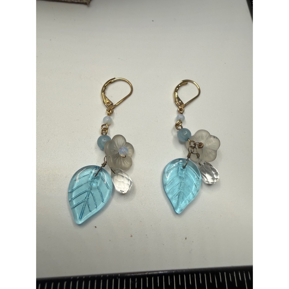 Handmade Blue Glass Leaf Flower Dangle Earrings Gold Tone‎ Lever Back Whimsical